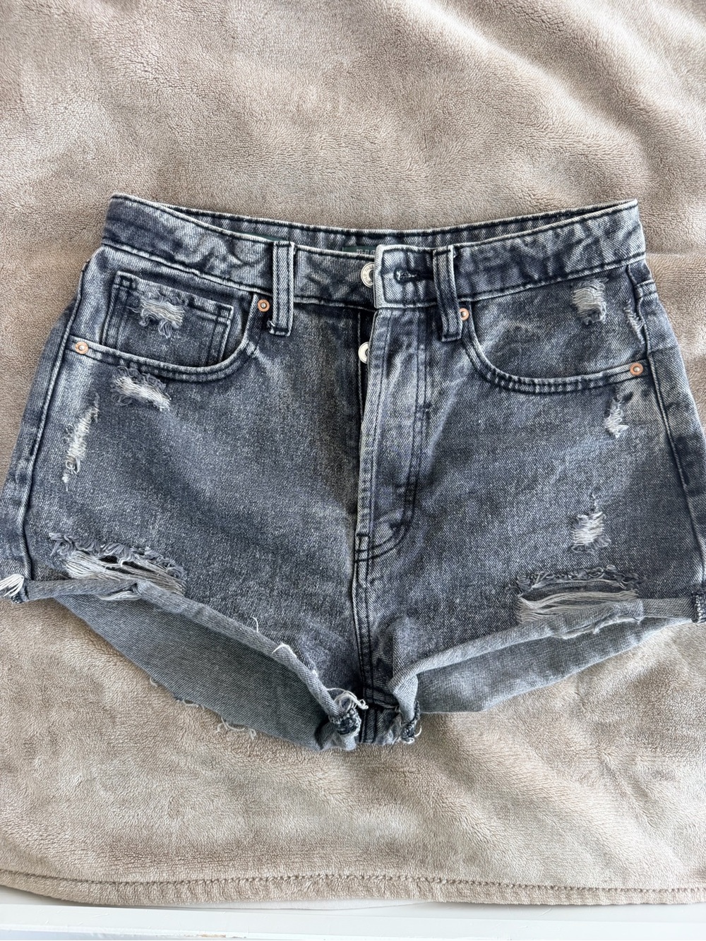 High-Rise Distressed Denim Shorts - Washed Black